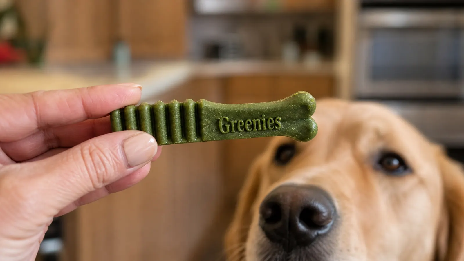 Close-up of a Greenies dental chew being held between a person's fingers