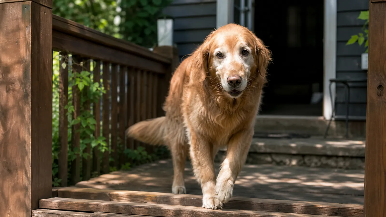 An older golden retriever walking up a set of outdoor wooden stairs with ease