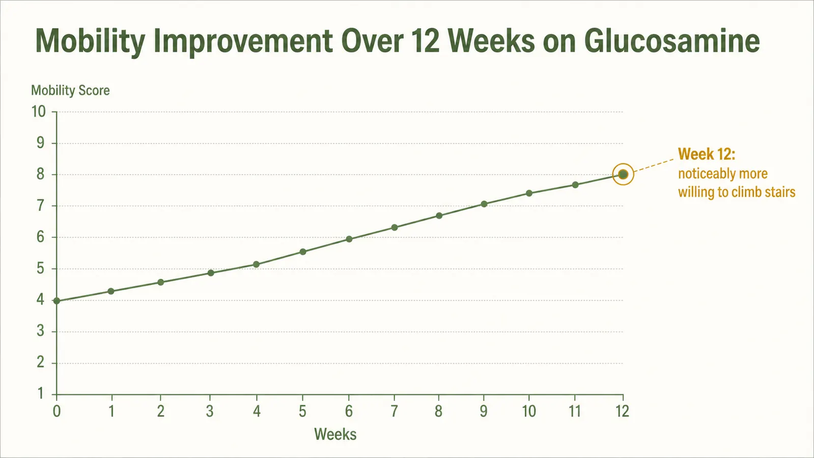 A chart showing a dog's mobility improvement over 12 weeks on a glucosamine supplement
