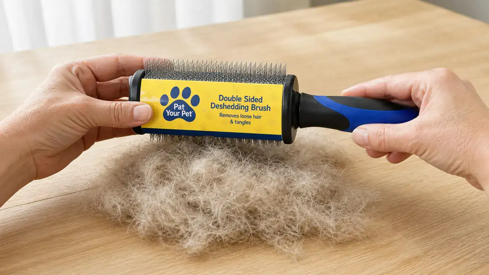 Double-sided deshedding brush held in a hand over a pile of removed pet fur on a wooden surface
