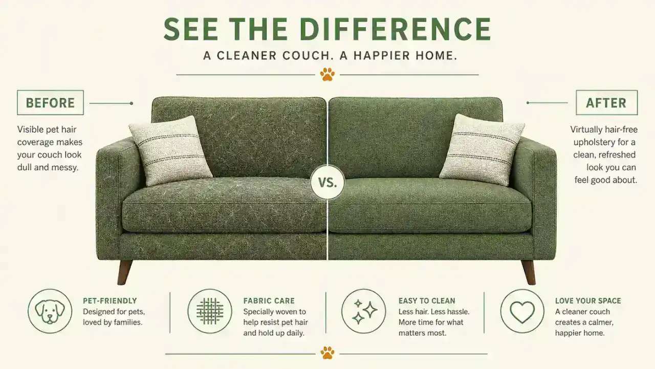 Side-by-side comparison showing a couch before and after regular deshedding brushing, dramatically less pet hair visible