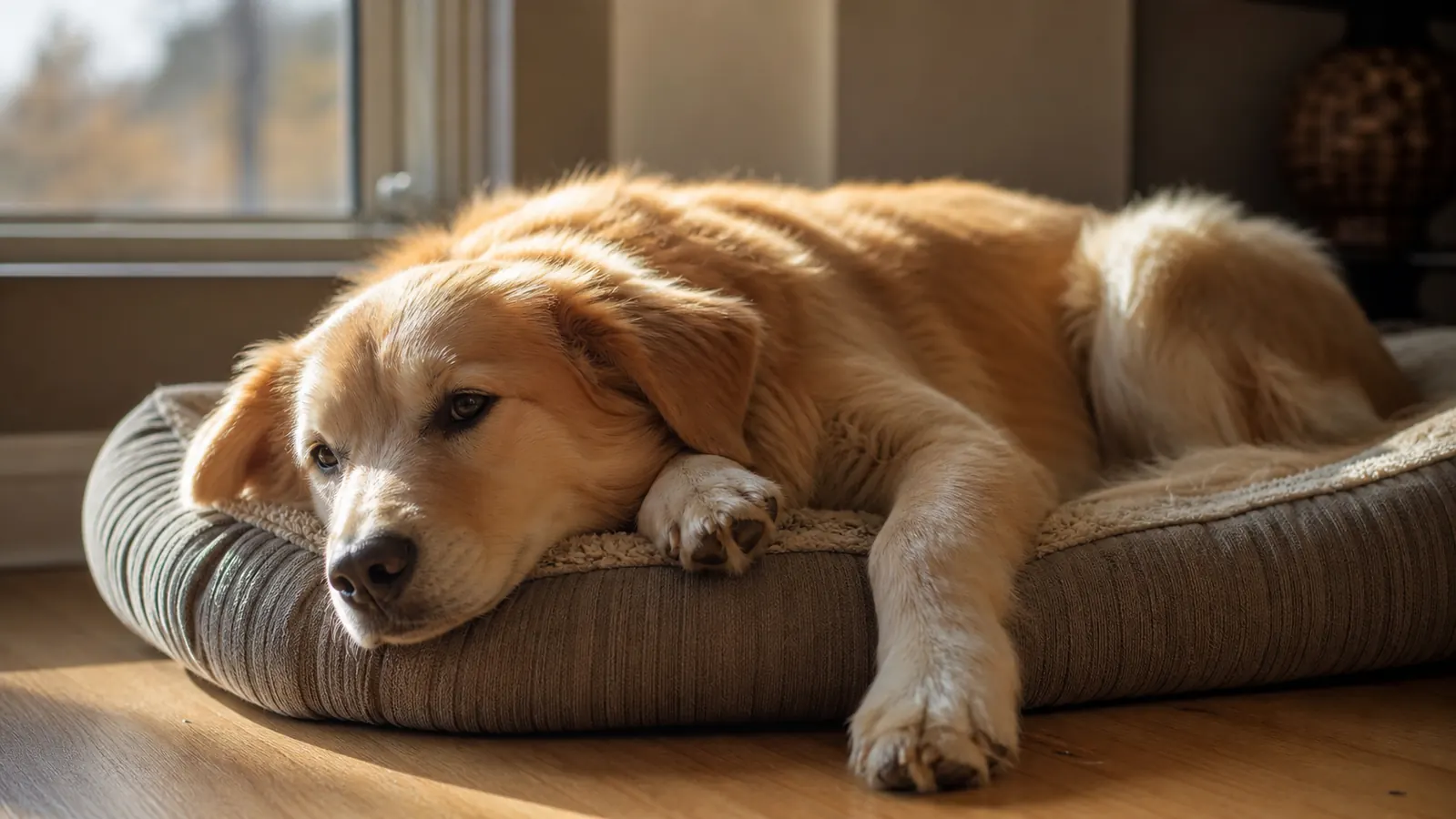 Relaxed dog lying calmly on a dog bed near a sunny window
