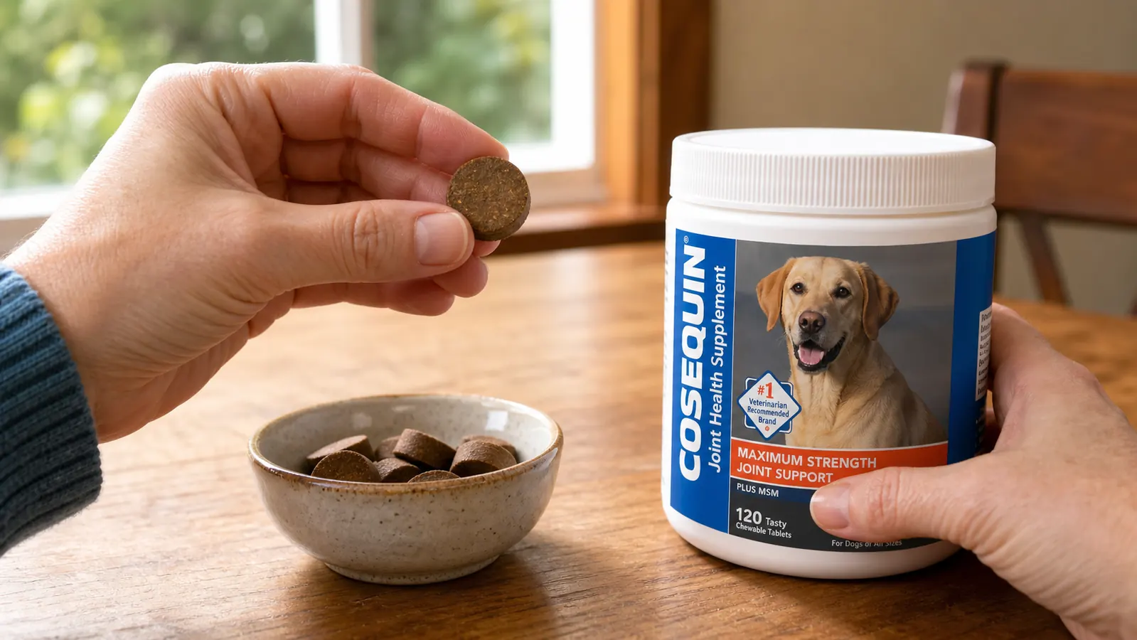 Cosequin chew supplement held in an open palm next to a small dog food bowl on a wooden kitchen table