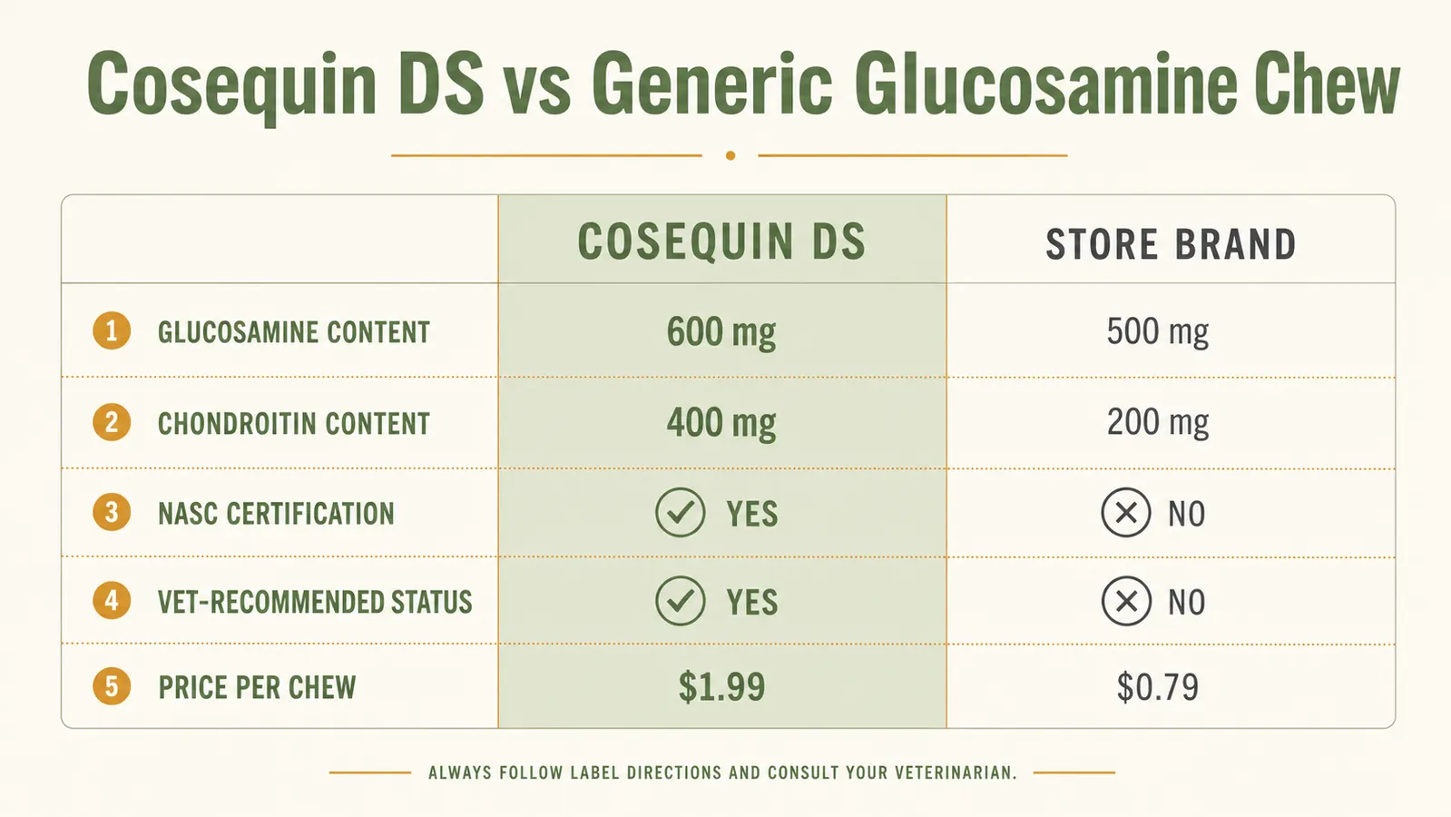 Side-by-side comparison chart of Cosequin DS versus generic store-brand glucosamine chews showing ingredient amounts