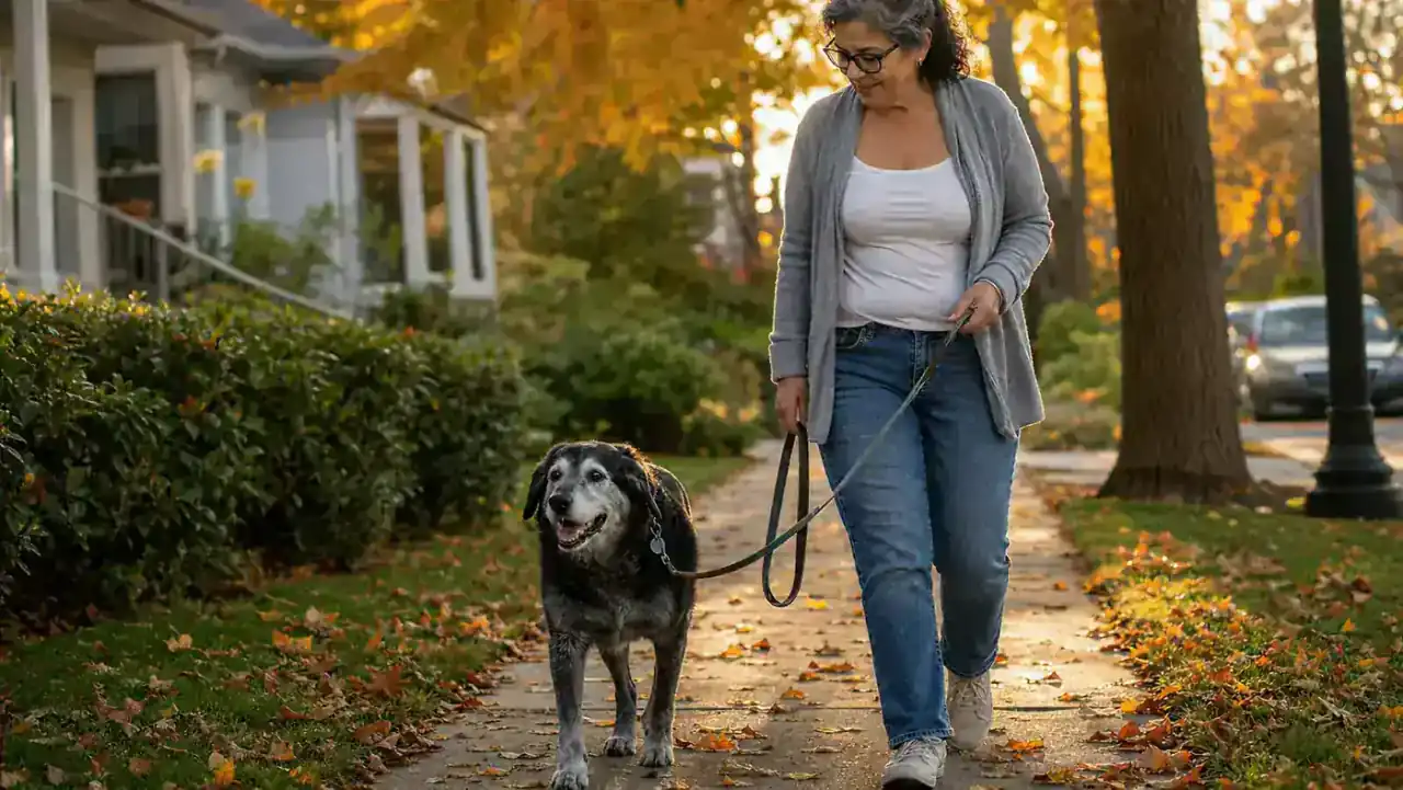 Older dog walking alongside its owner on a leaf-covered neighborhood path in autumn