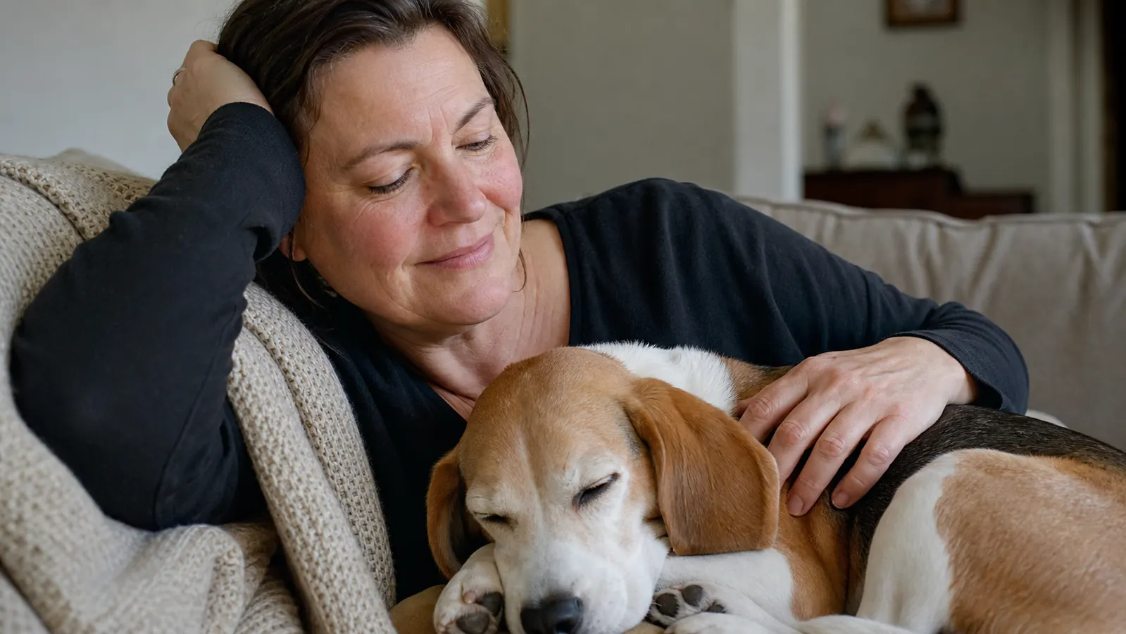Owner and Beagle relaxing together on a couch, dog looking healthy and content