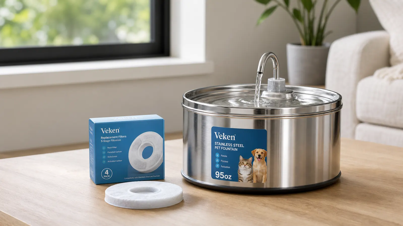 Stainless steel Veken pet water fountain with filter visible beside it on a countertop