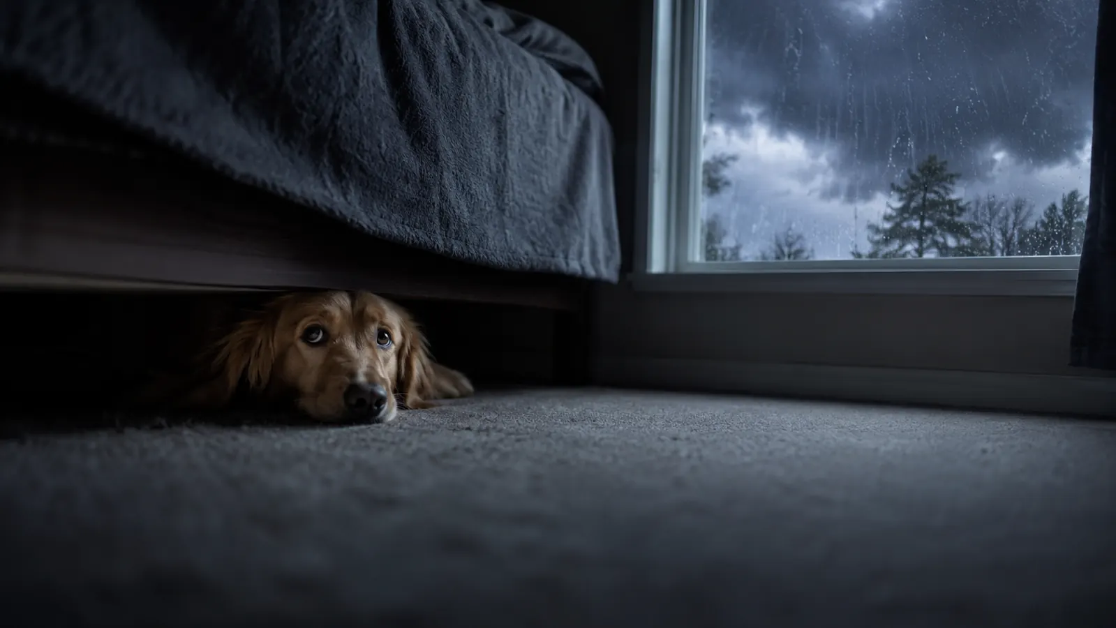 A dog hiding under a bed during a rainstorm, only its face visible from the shadows