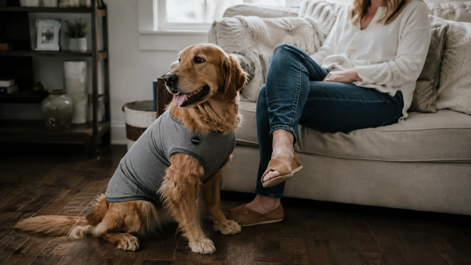 Dog wearing a snug-fitting anxiety wrap shirt, sitting calmly on the floor while its owner sits nearby