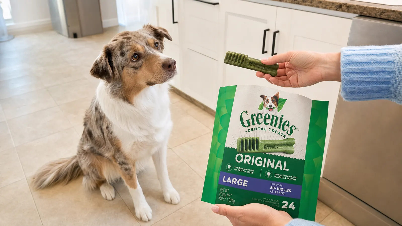 Hand offering a Greenies dental chew to a medium-sized dog sitting on a kitchen floor