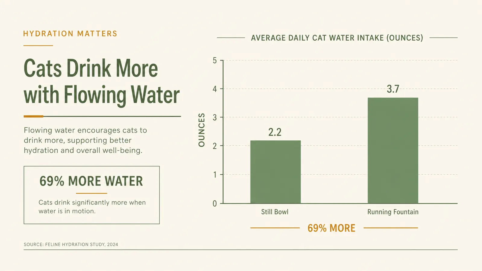 Chart showing average daily water intake for cats before and after switching from a static bowl to a running water fountain