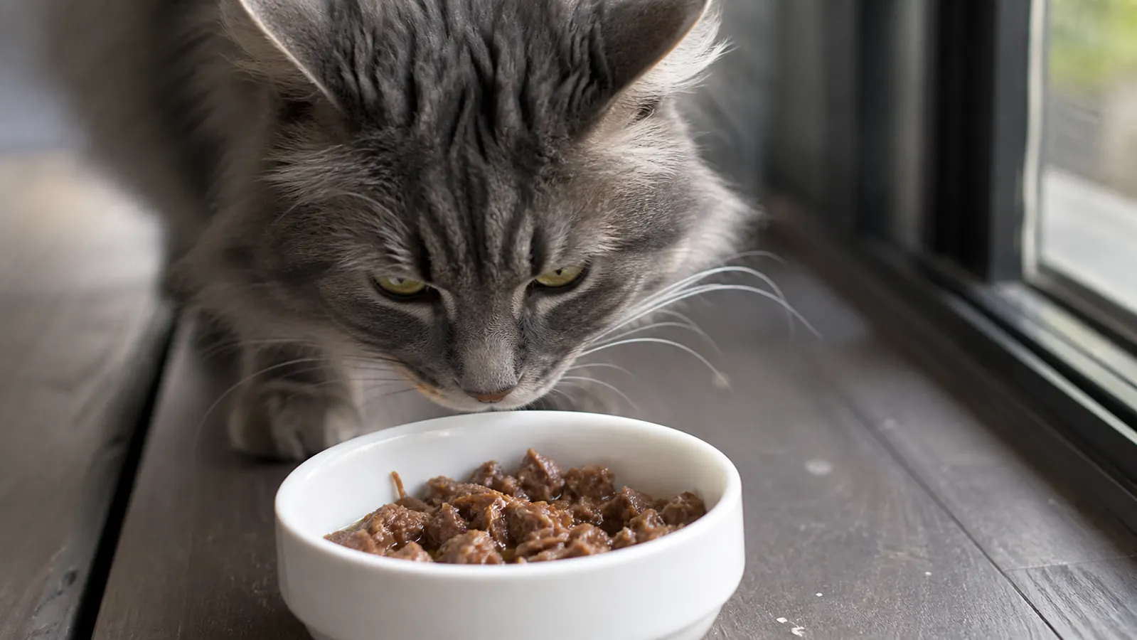 A long-haired gray cat sniffing a wet food dish, with a small amount of water mixed into the food