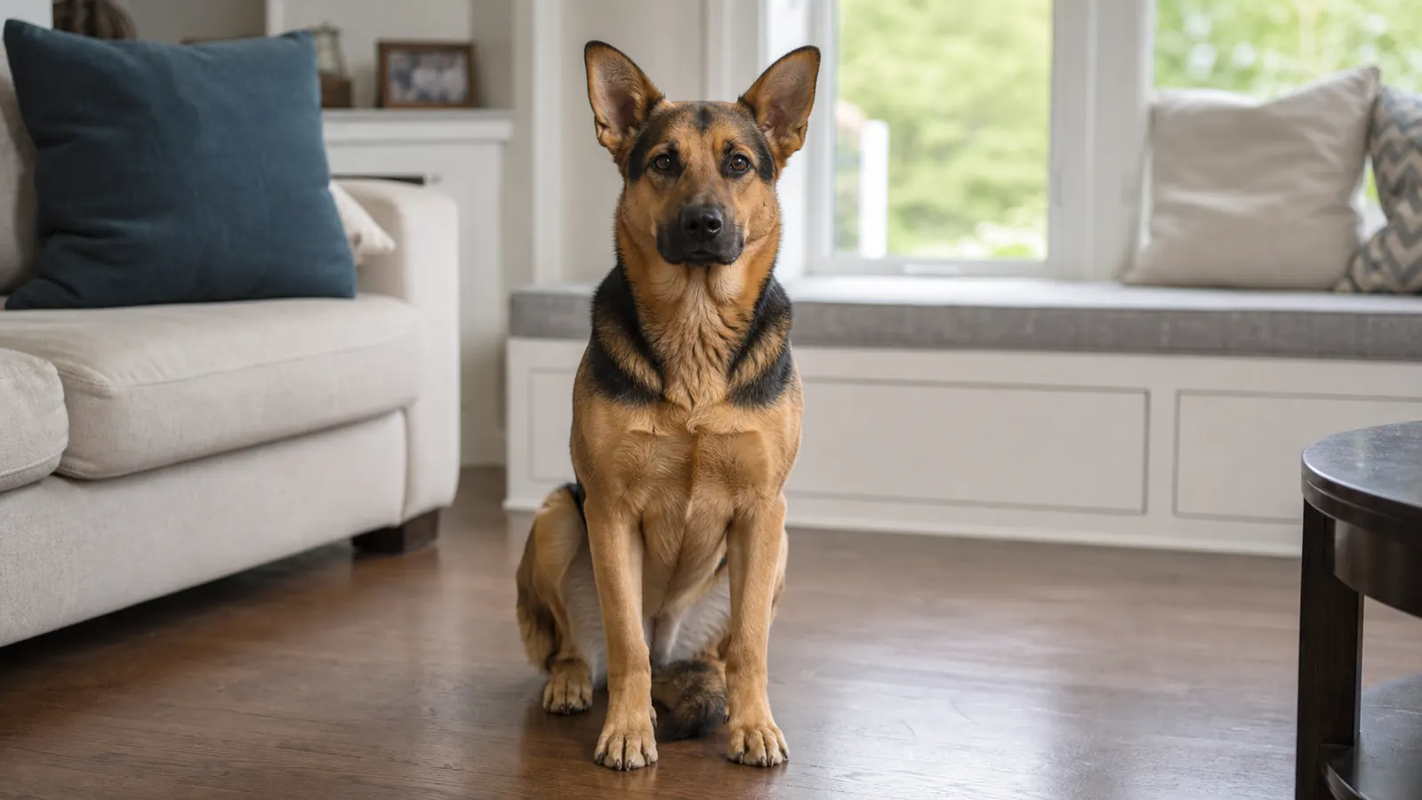 Happy German Shepherd mix dog sitting on a clean hardwood floor with noticeably smooth, well-groomed coat
