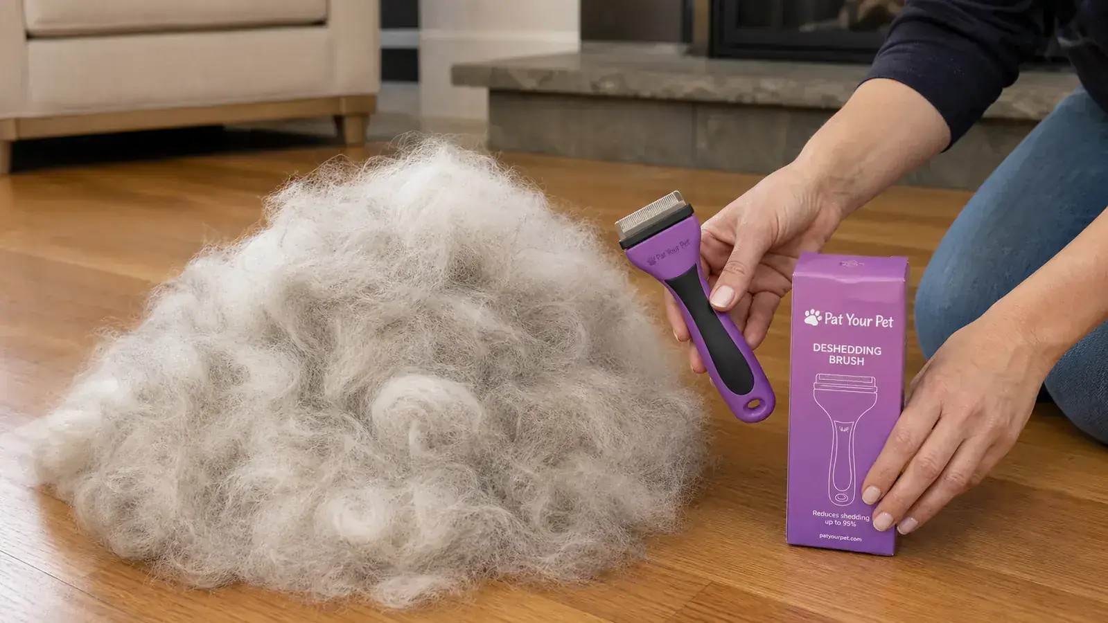 Pile of shed Husky fur next to the deshedding brush after a single grooming session