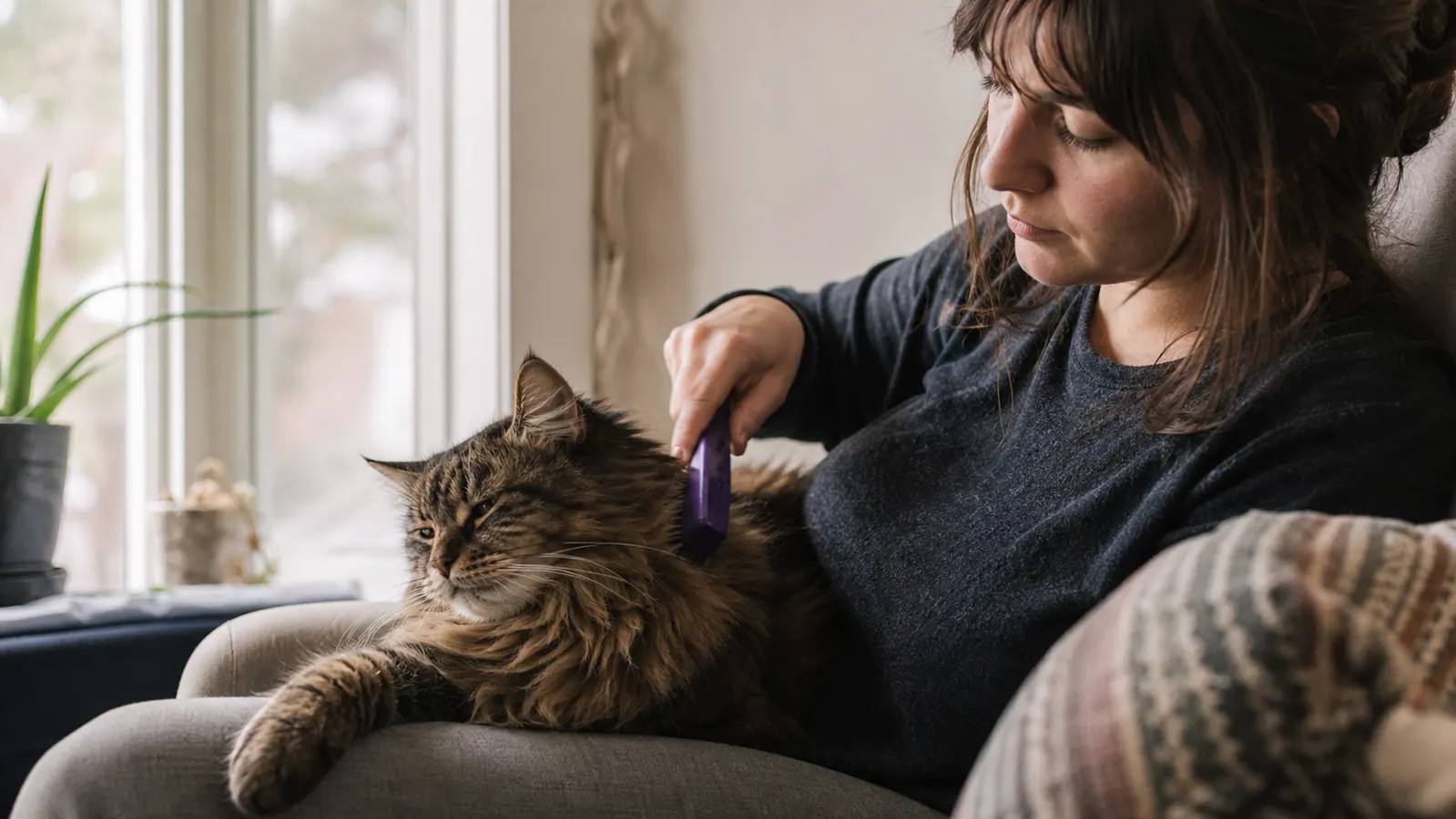 Long-haired tabby cat being brushed calmly on a person's lap near a sunny window