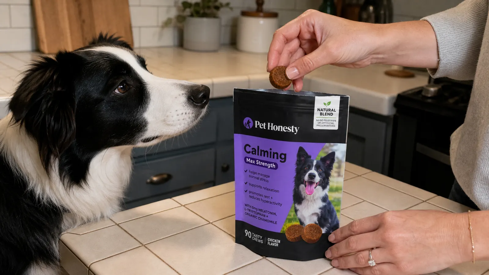 A hand offering a soft calming chew treat to a Border Collie from a yellow and white Pet Honesty bag on a kitchen counter