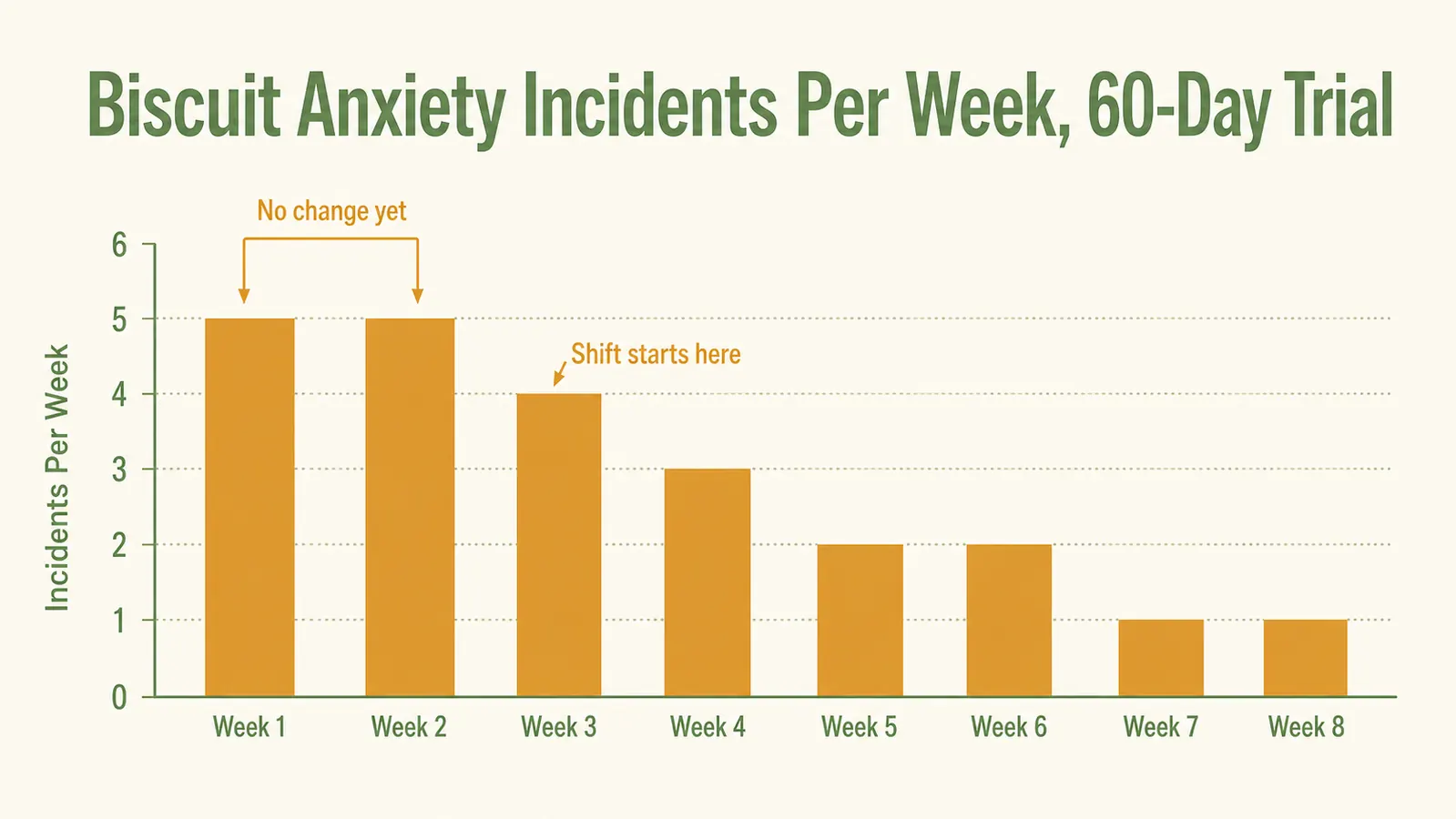 A bar chart comparing a dog's weekly anxiety incidents across eight weeks, showing a flat first two weeks then a gradual decline from week three through week eight