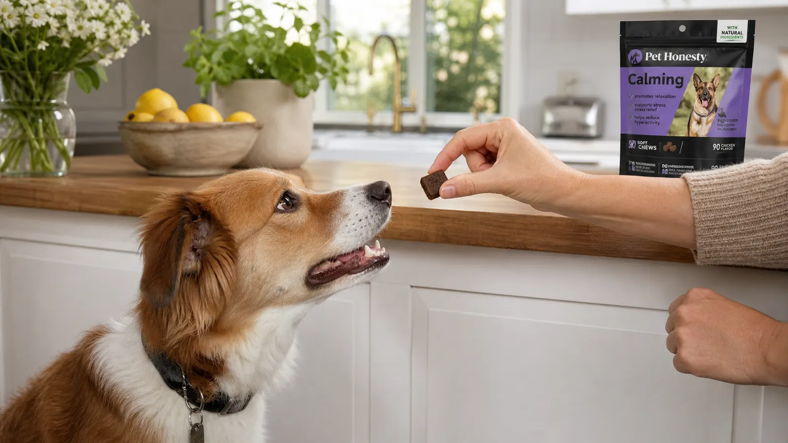 Hand offering a soft calming chew to a dog from the Pet Honesty bag